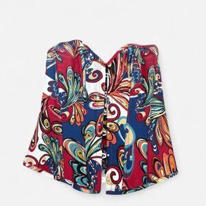 Abstract Print Denim Overbust Corset Top Lace Up